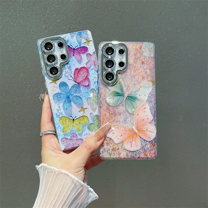 Glitter Shockproof Case - Luxury Oil Painting Flowers Butterfly Print
